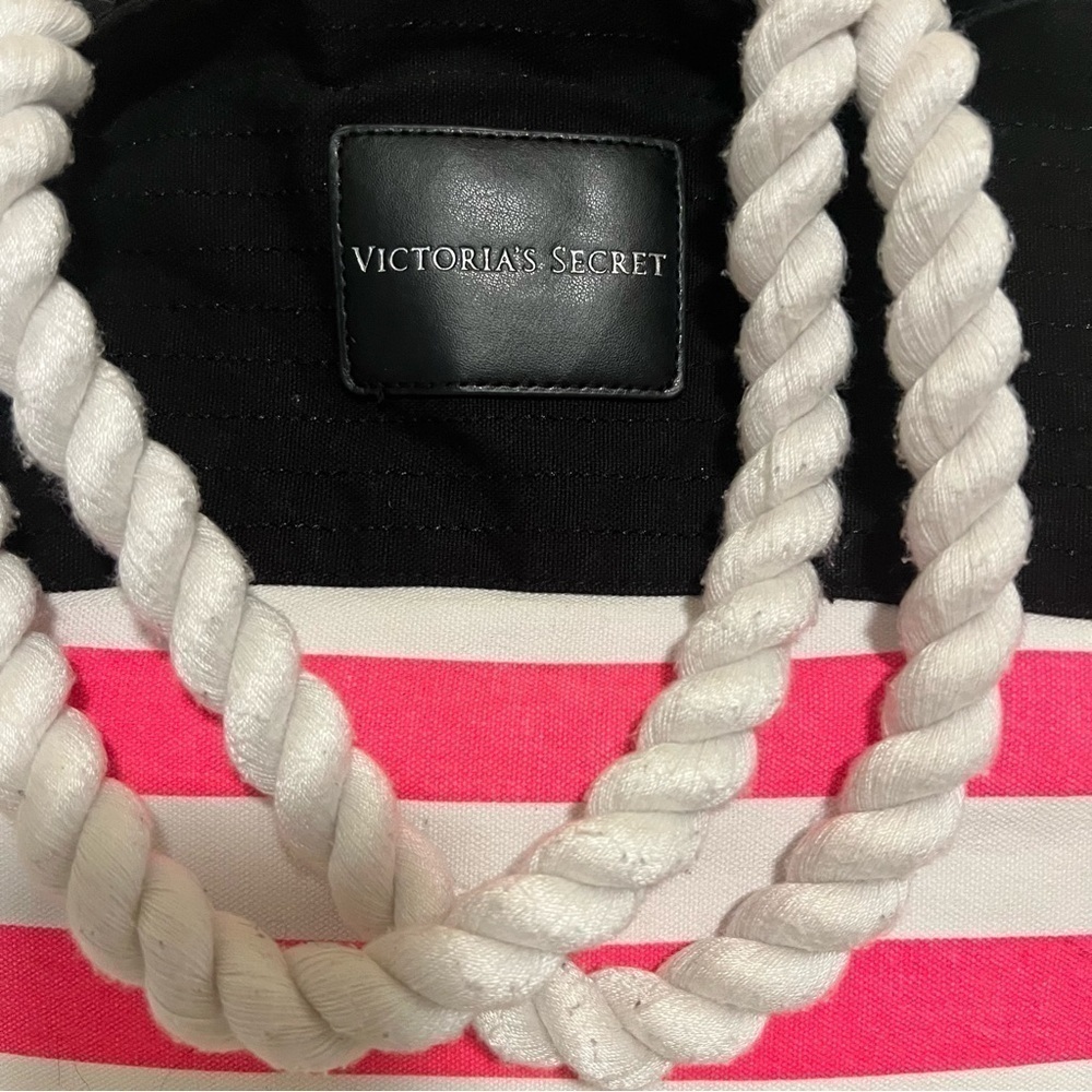 VICTORIA’S SECRET Beach Bag LARGE 2 Rope Handles Canvas Tote Black Pink Striped - Picture 3 of 10